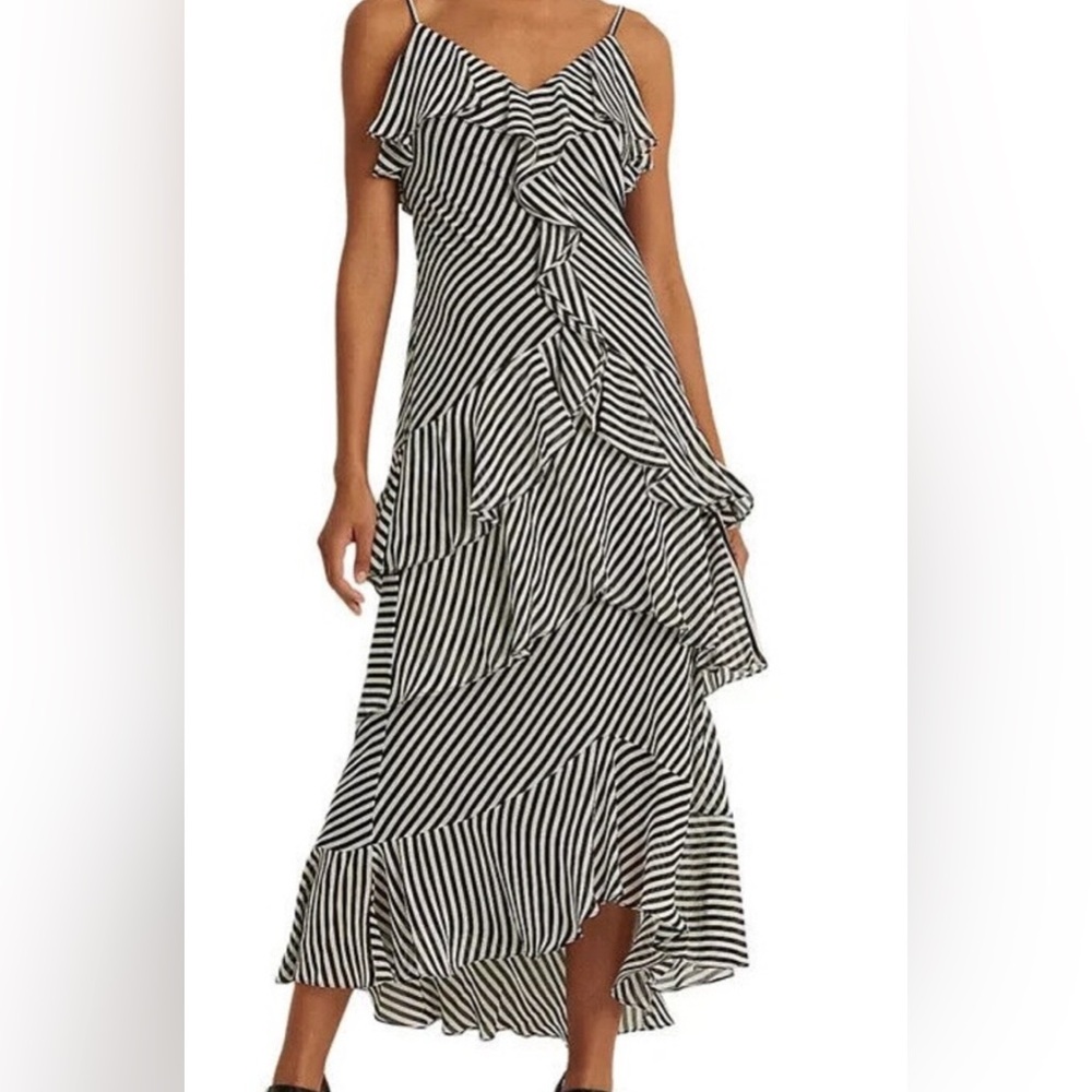 Lauren Ralph Lauren Black and White Striped Georgette Long Dress 18